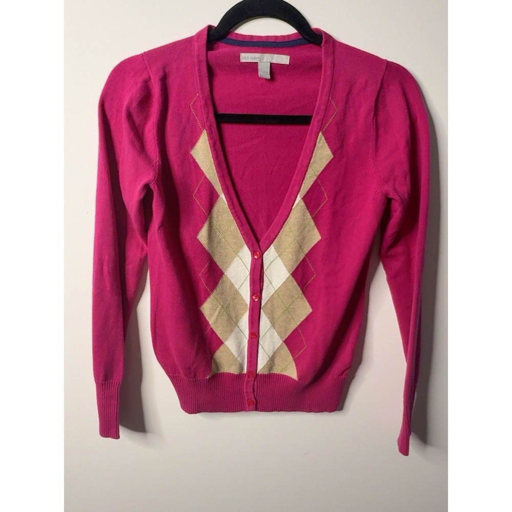 Old Navy Fuchsia Pink Preppy Argyle Button-front Cardigan Small